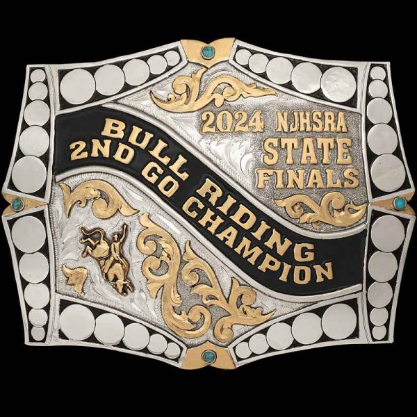 Stand out at any rodeo with the Oregon City Custom Belt Buckle! Featuring a unique shape and circles frame with bronze scrollwork, lettering and black enamel. Personalize it now!
